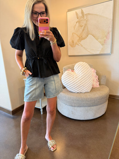 Black Puff Sleeve Cinched Waist Top