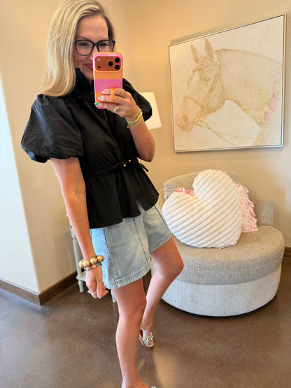 Black Puff Sleeve Cinched Waist Top