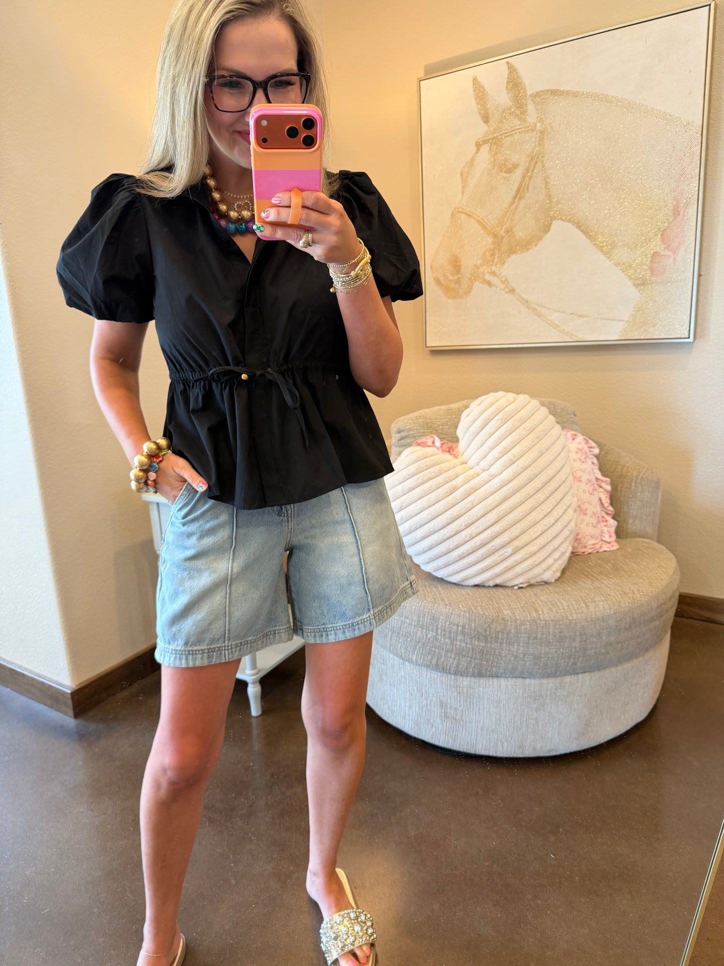Black Puff Sleeve Cinched Waist Top