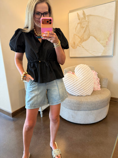 Black Puff Sleeve Cinched Waist Top