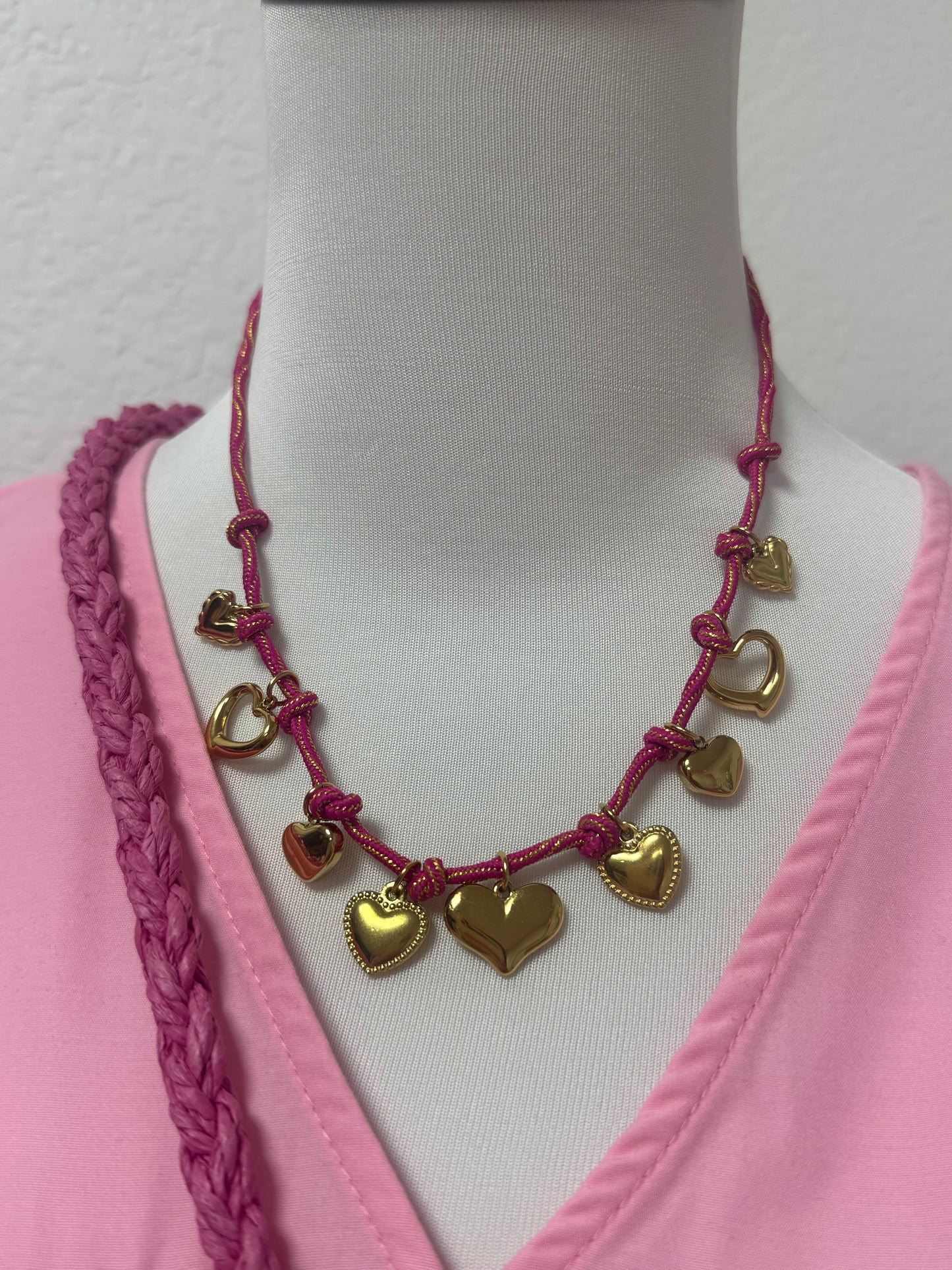 IP9 Pink Rope Chain Stainless Steel Multi Heart Necklace