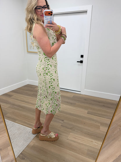 Green Striped Band Floral Crochet Midi Dress