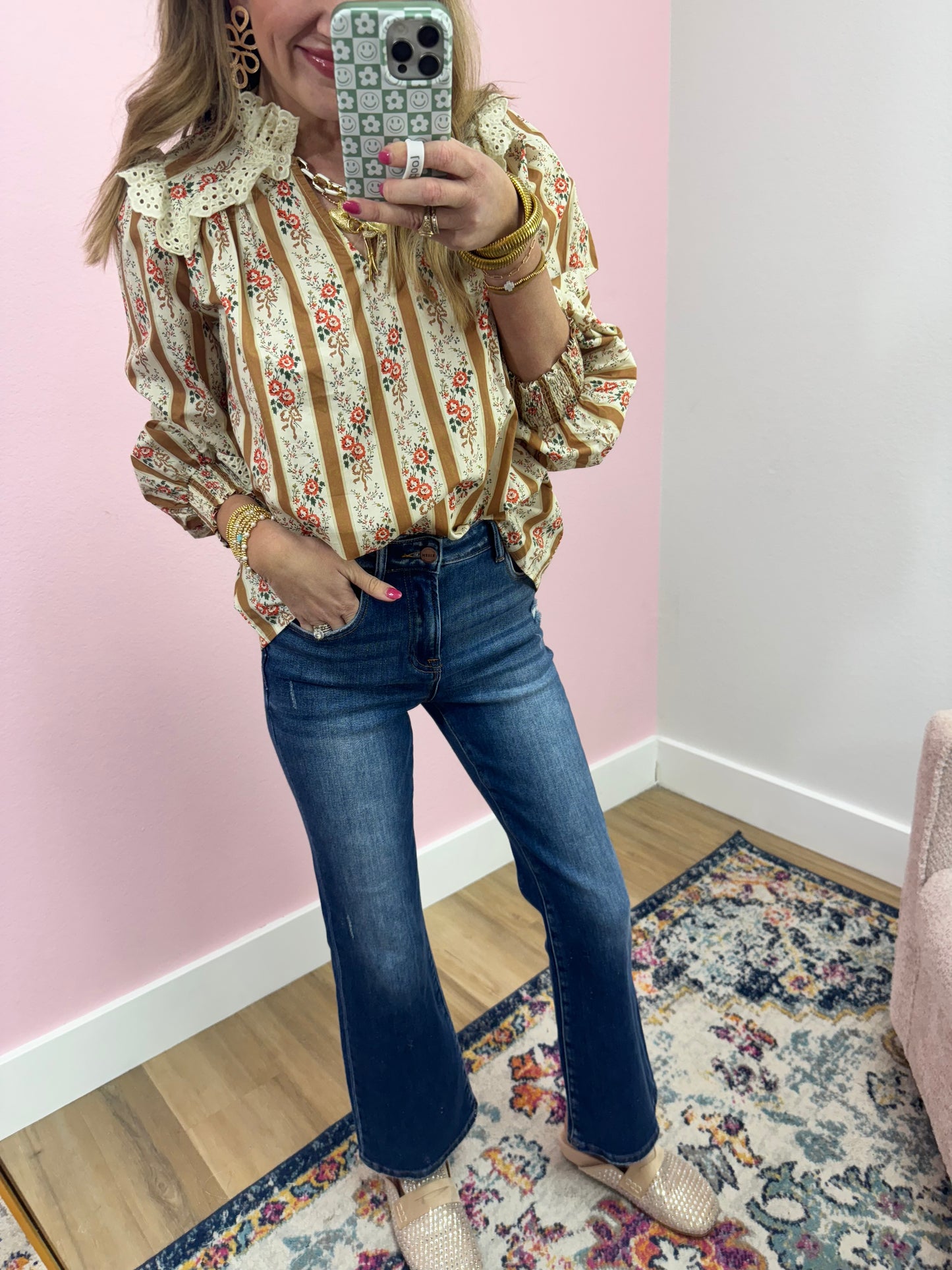 Mustard and Cream Eyelet Neck Top