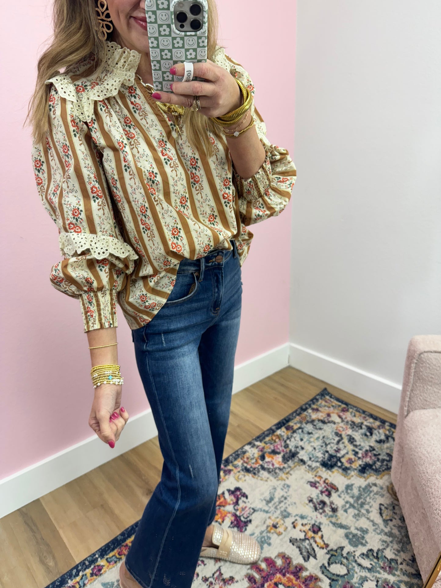 Mustard and Cream Eyelet Neck Top