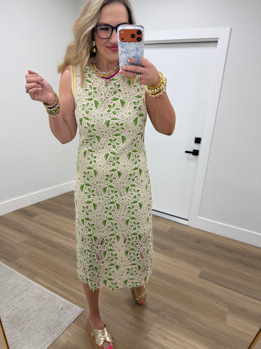 Green Striped Band Floral Crochet Midi Dress