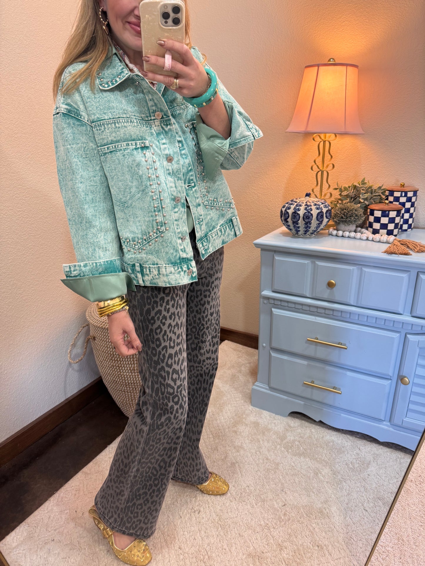 Turquoise Denim Washed Jacket With Stud Detailing