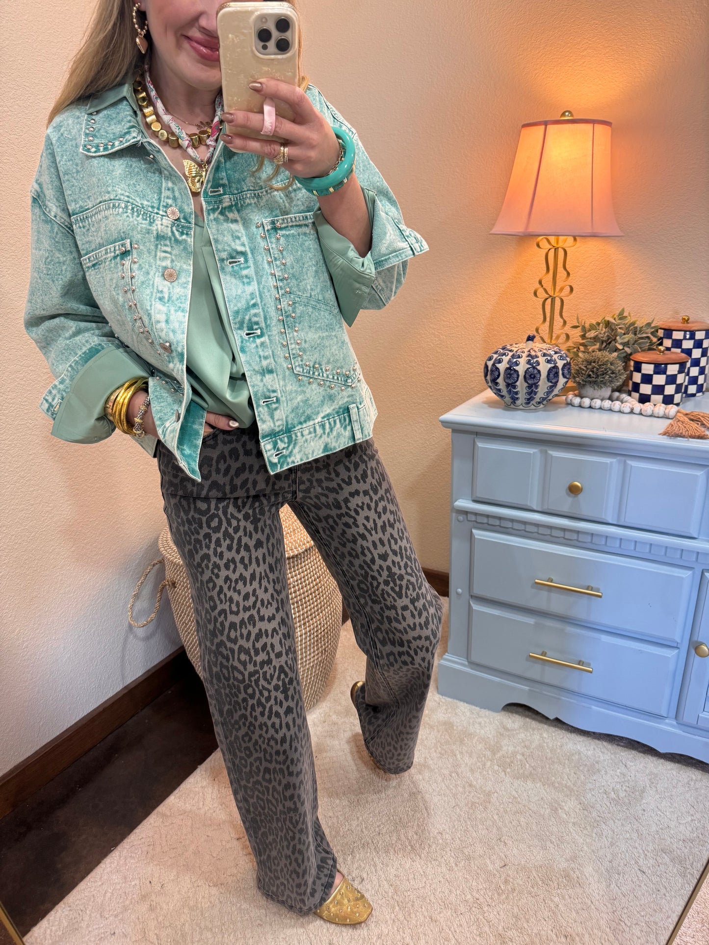 Turquoise Denim Washed Jacket With Stud Detailing