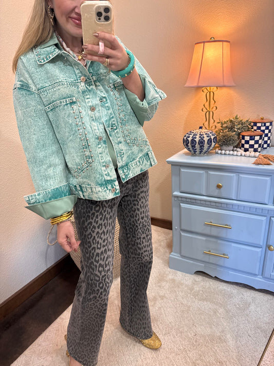 Turquoise Denim Washed Jacket With Stud Detailing