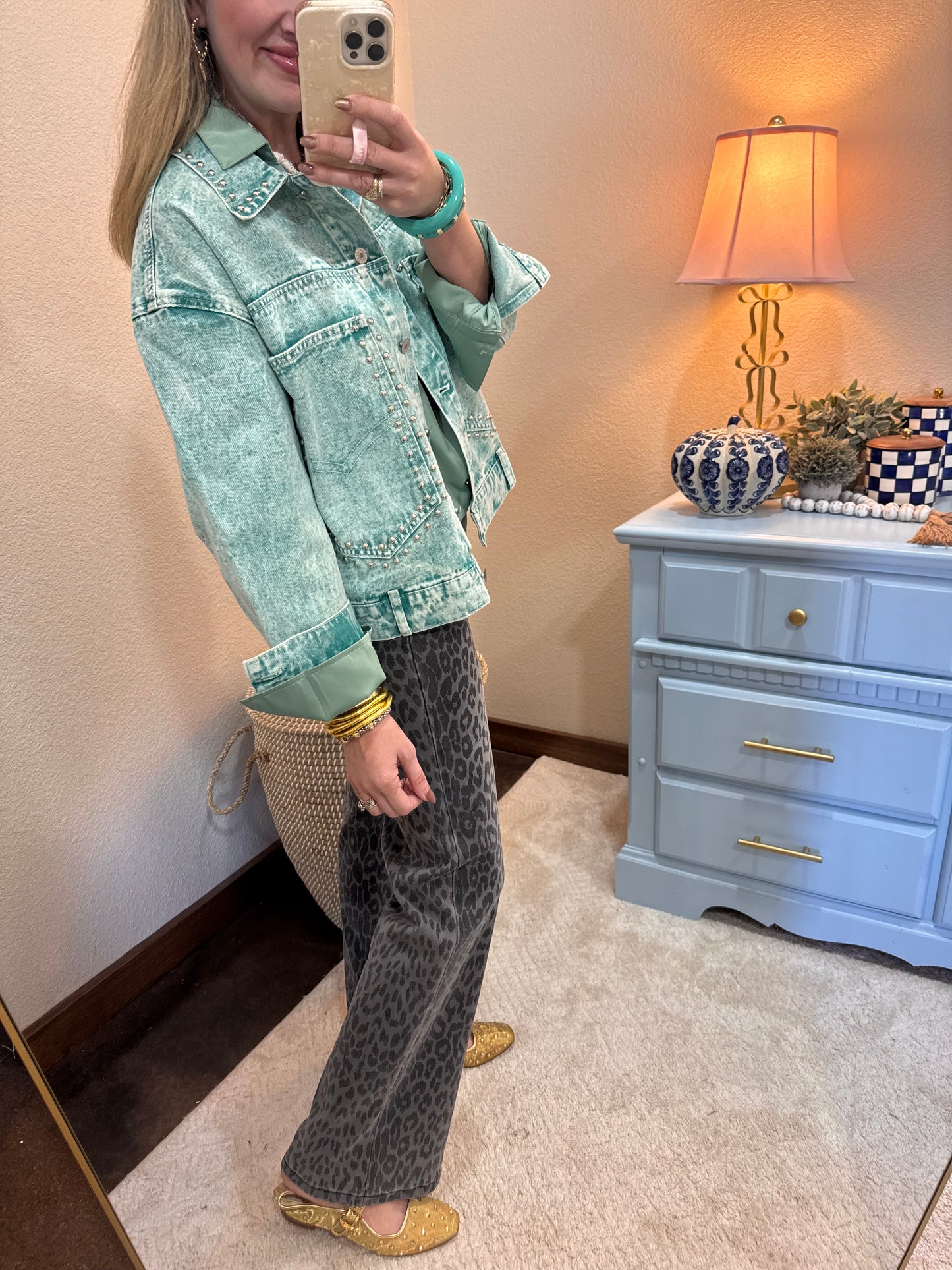 Turquoise Denim Washed Jacket With Stud Detailing