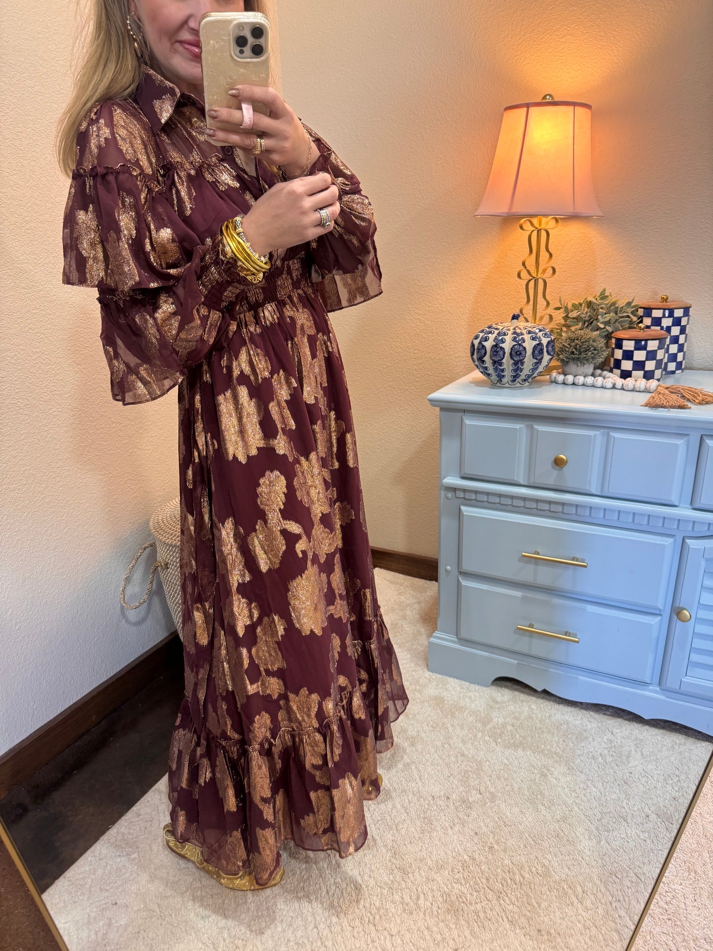 Metallic Floral Chifon Ruffle Detail Tie Waist Dress