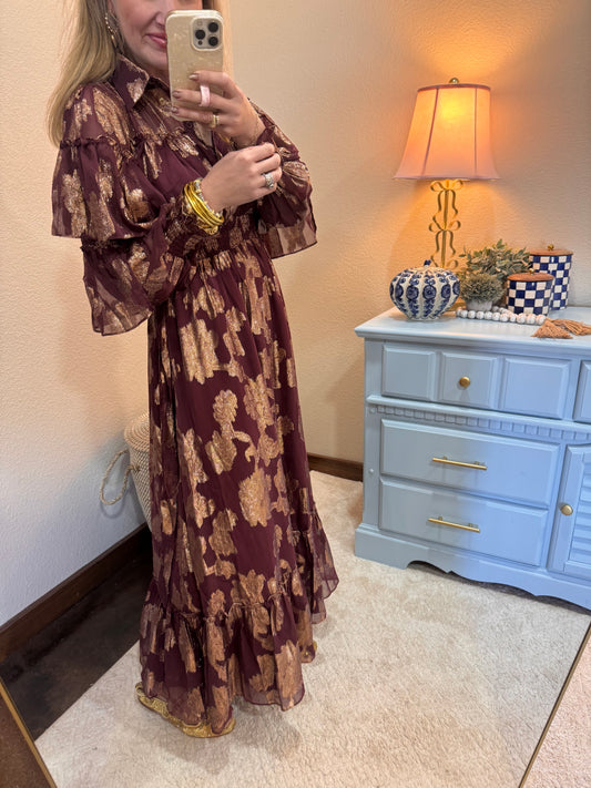 Metallic Floral Chifon Ruffle Detail Tie Waist Dress