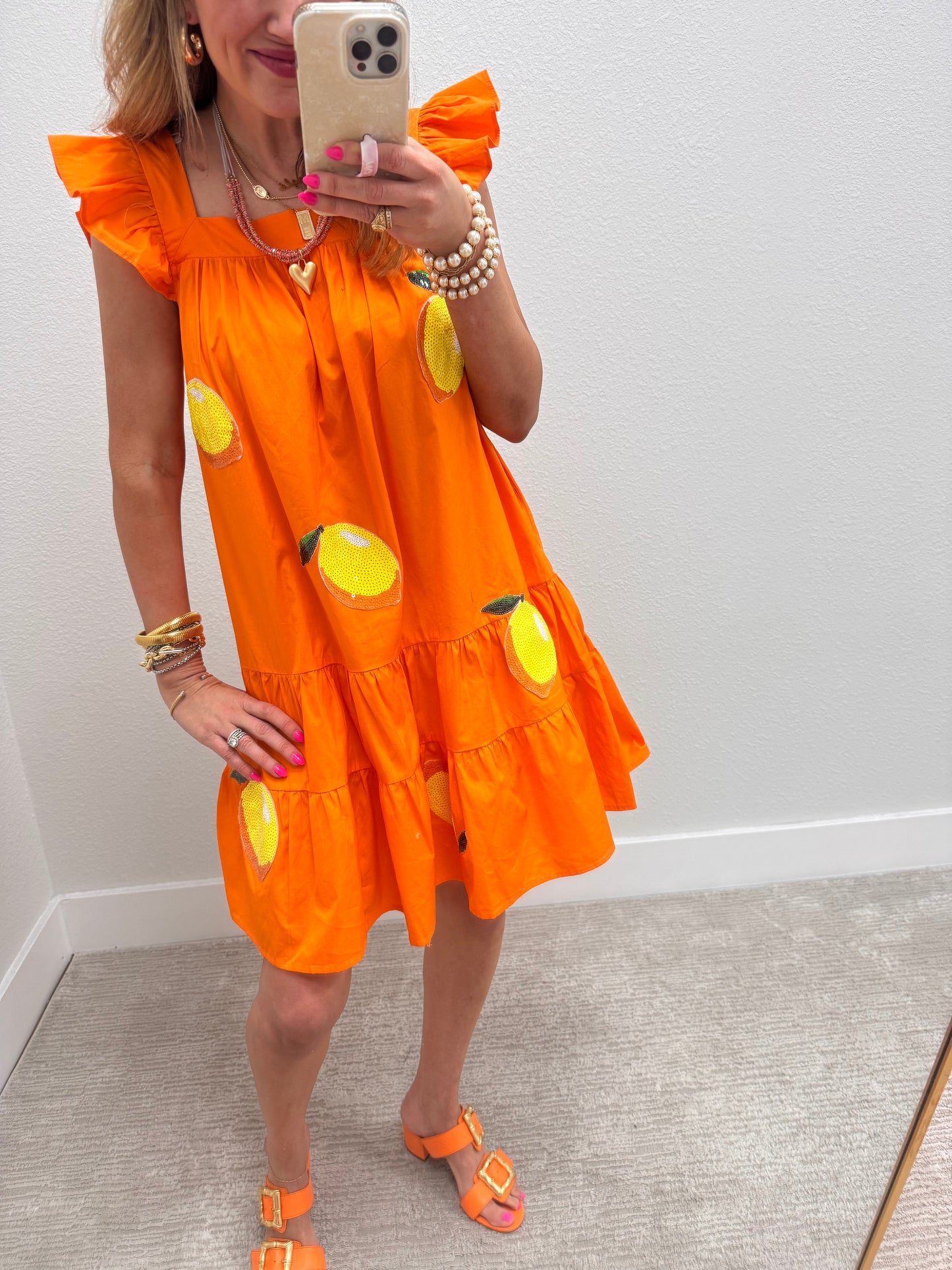 Orange Lemon Sequin Patch Dress with Ruffle Sleeves