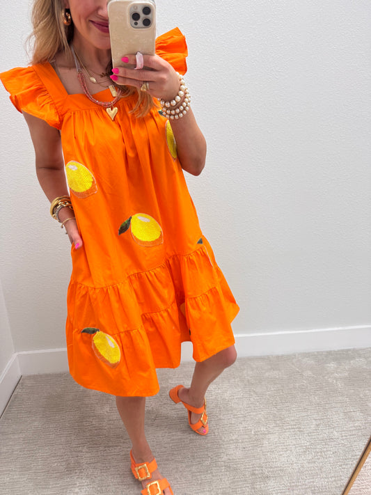 Orange Lemon Sequin Patch Dress with Ruffle Sleeves