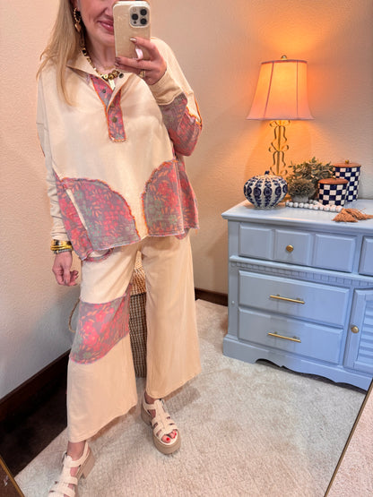 Oatmeal Print Mix Button Front Top FS