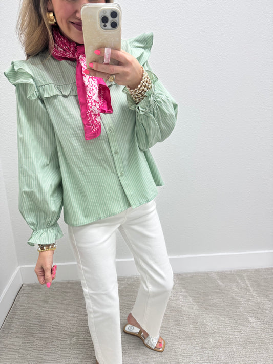 Sage and Cream Striped Flutter Sleeve Top