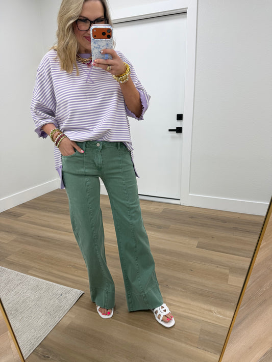 Olive Mid Rise Wide Leg Denim Pants