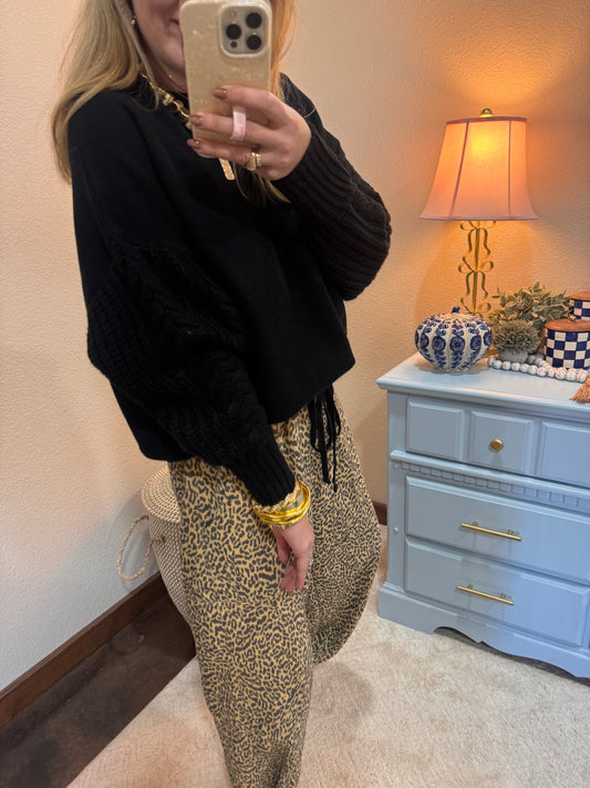 Black Cable Knit Sleeve Round Neck Sweater