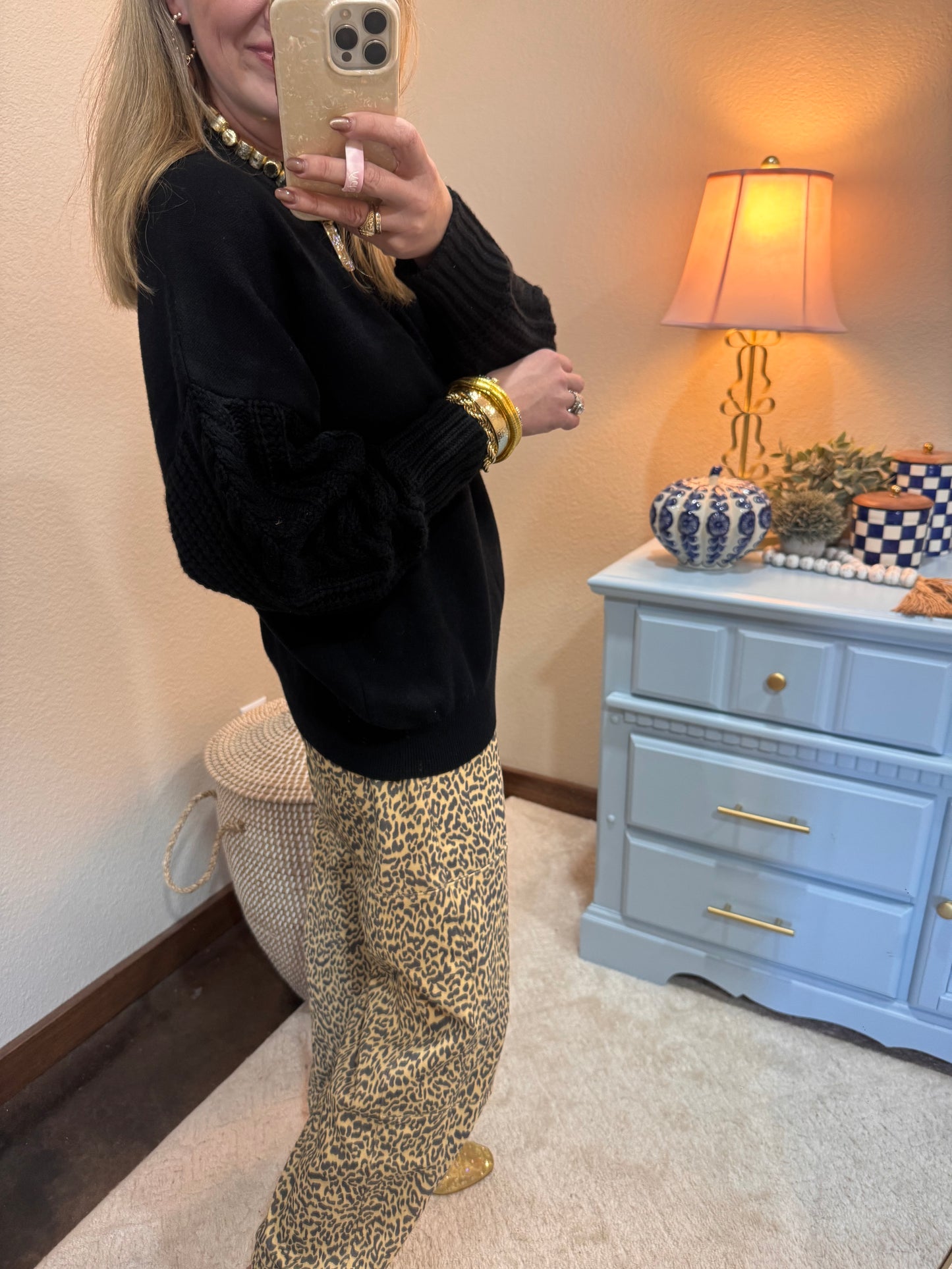 Black Cable Knit Sleeve Round Neck Sweater