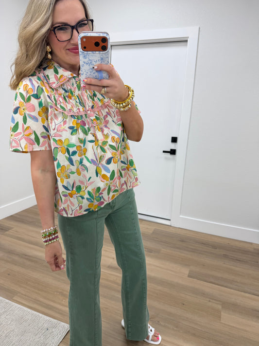 Peach Half Placket Collar Top With Trim & Smocked Detail