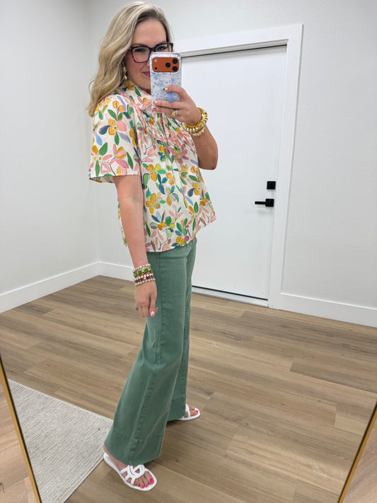 Olive Mid Rise Wide Leg Denim Pants
