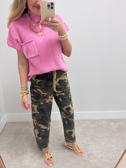 Pink Solid High Neck Short Sleeve Sweater Top FS