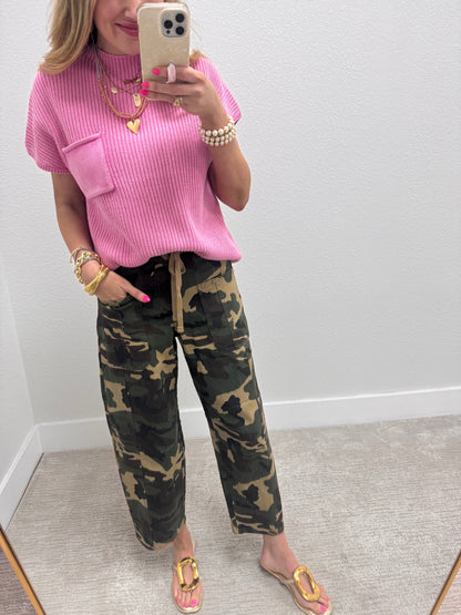 Pink Solid High Neck Short Sleeve Sweater Top FS
