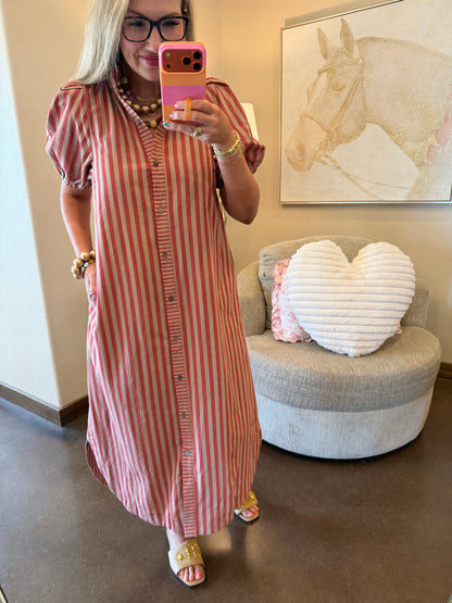 Brick & Oat Stripe Ruffle Neck Dress