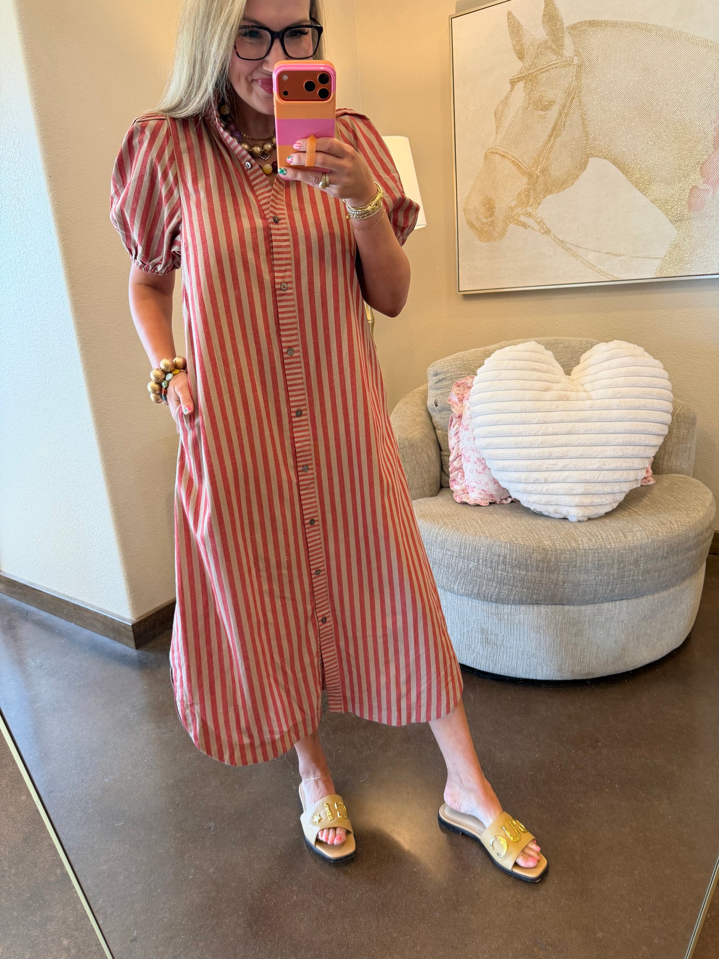 Brick & Oat Stripe Ruffle Neck Dress