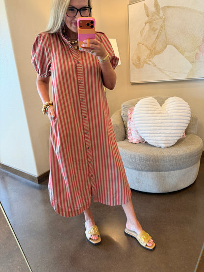 Brick & Oat Stripe Ruffle Neck Dress