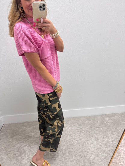 Pink Solid High Neck Short Sleeve Sweater Top FS