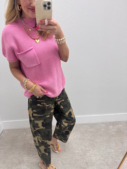 Pink Solid High Neck Short Sleeve Sweater Top FS