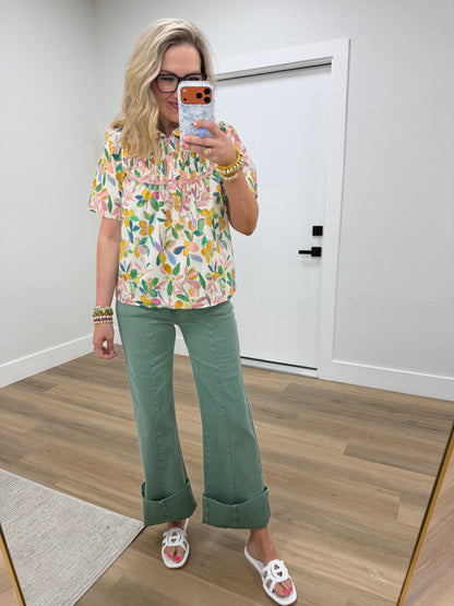 Olive Mid Rise Wide Leg Denim Pants