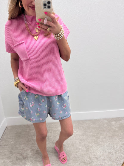 Pink Solid High Neck Short Sleeve Sweater Top FS