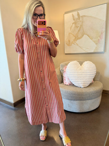 Brick & Oat Stripe Ruffle Neck Dress
