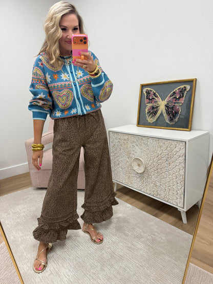 Steel Blue Pink Colorful Heart Knit Sweater Cardigan