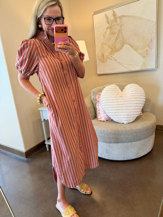 Brick & Oat Stripe Ruffle Neck Dress