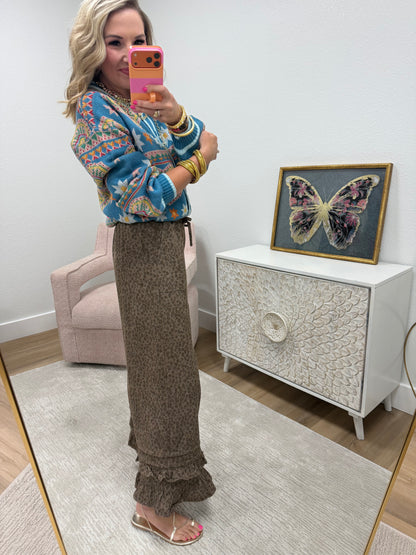 Brown Leopard Denim Ruffle Pants
