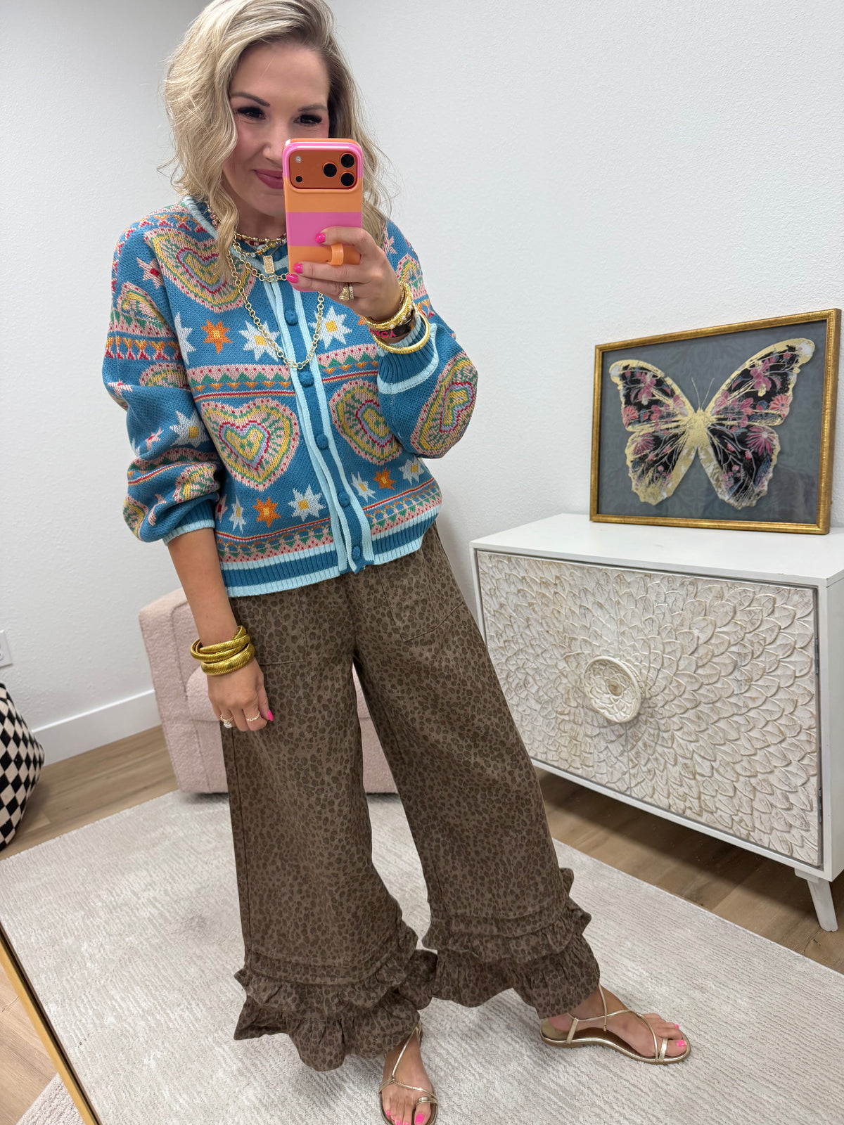 Steel Blue Pink Colorful Heart Knit Sweater Cardigan