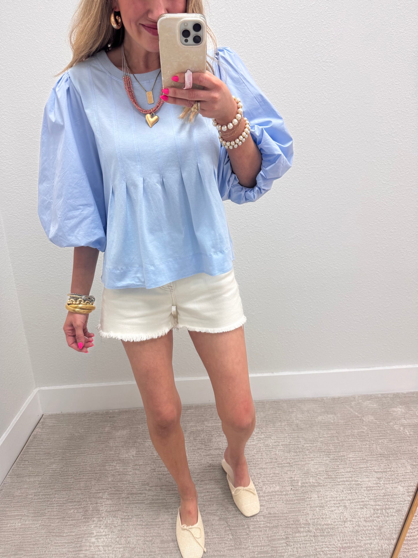 Baby Blue Pleated Puff Sleeve Top
