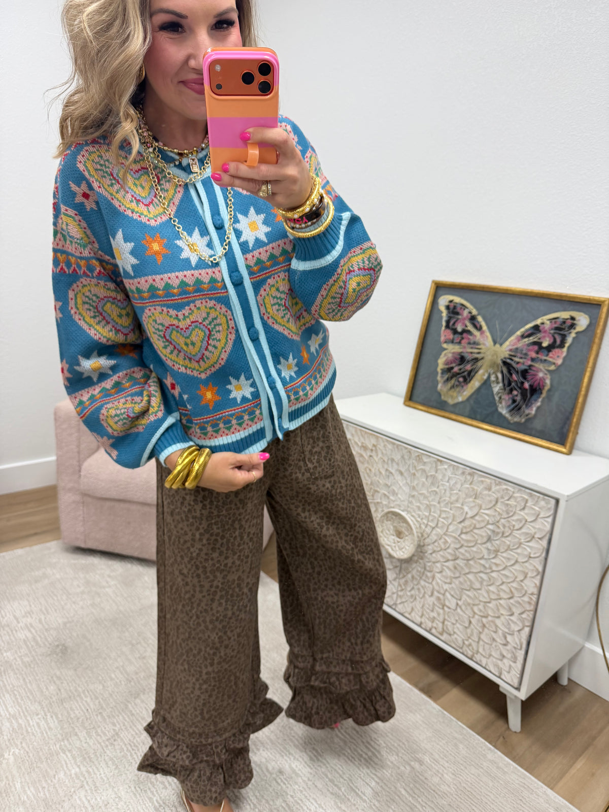 Steel Blue Pink Colorful Heart Knit Sweater Cardigan