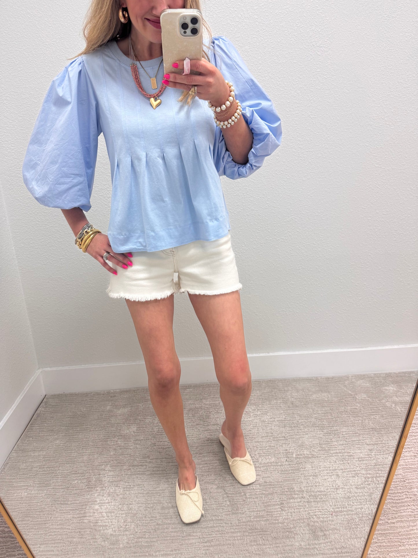 Baby Blue Pleated Puff Sleeve Top