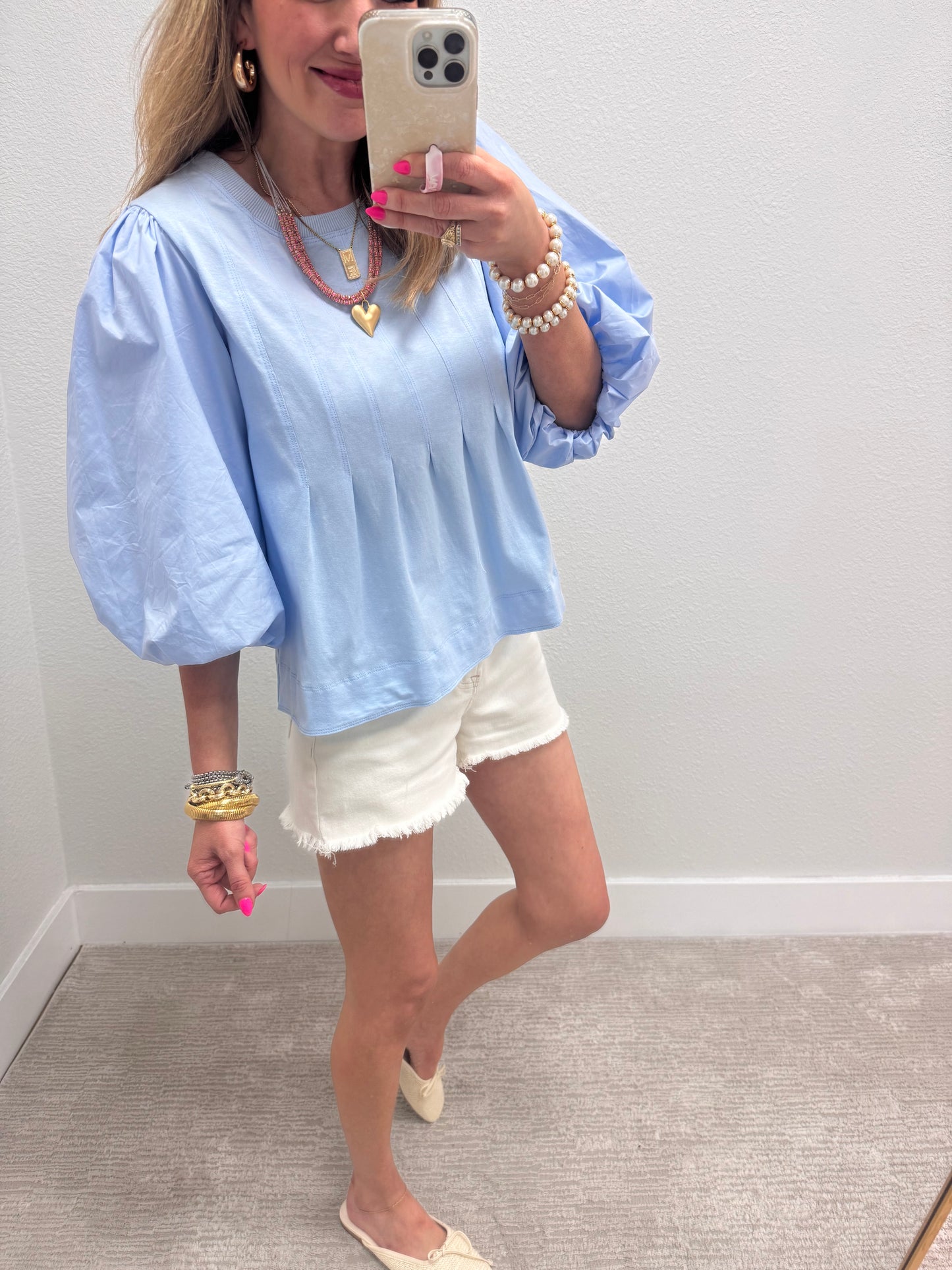 Baby Blue Pleated Puff Sleeve Top