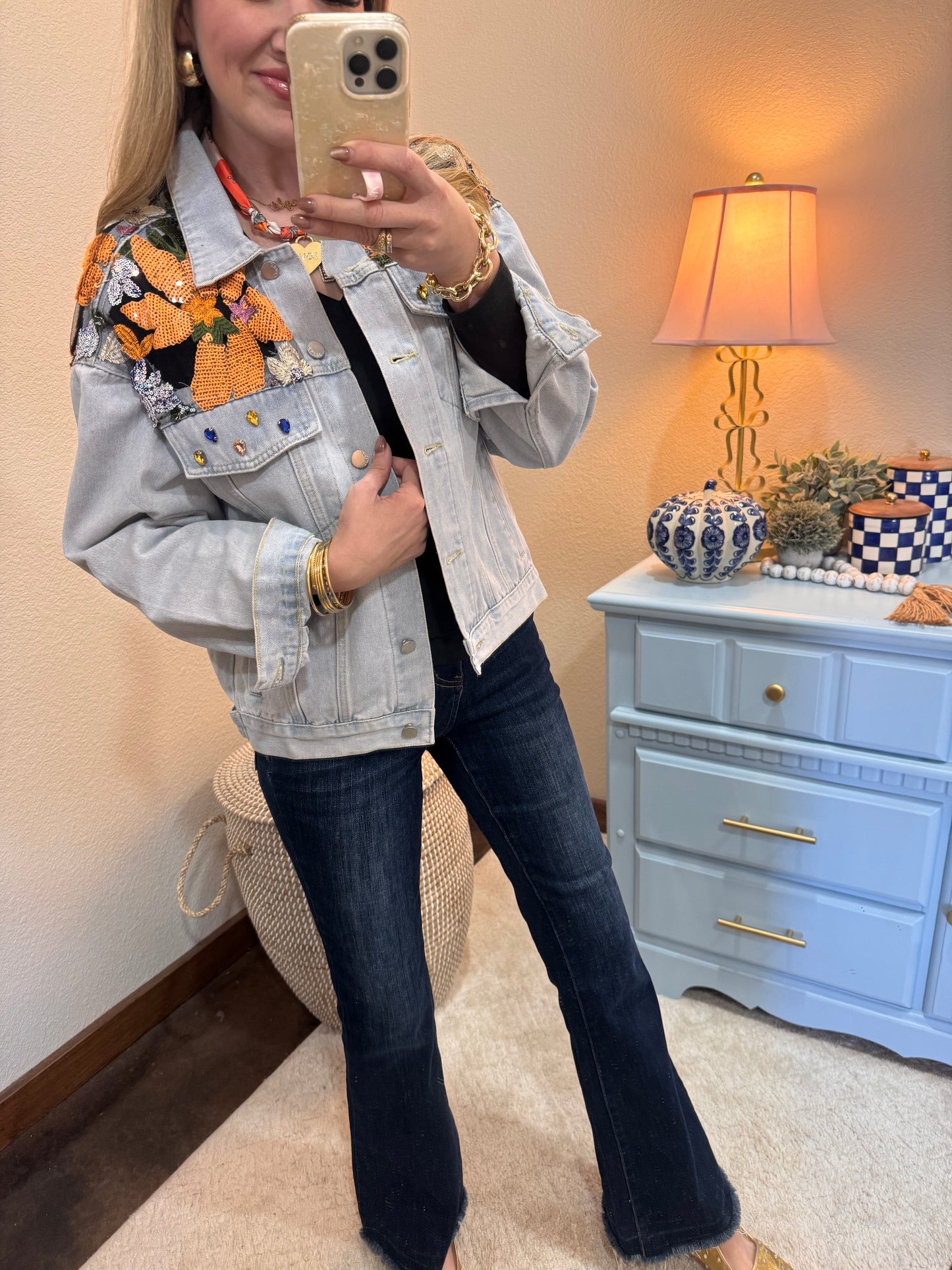 Light Wash Denim Jacket With Sequin Floral Detail