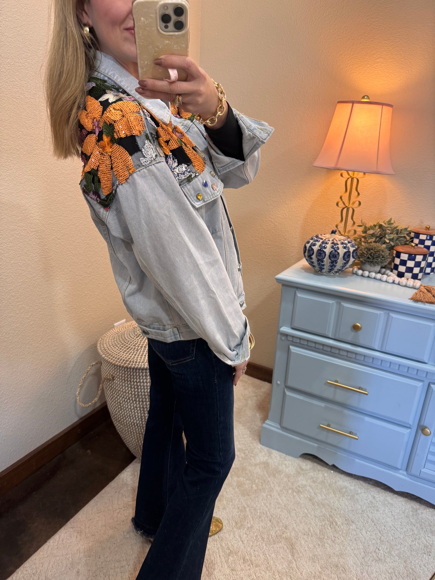 Light Wash Denim Jacket With Sequin Floral Detail