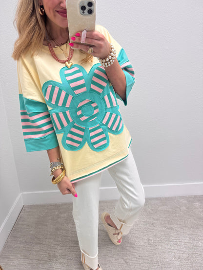 Ivory & Jade Stripe Flower Patchwork Top