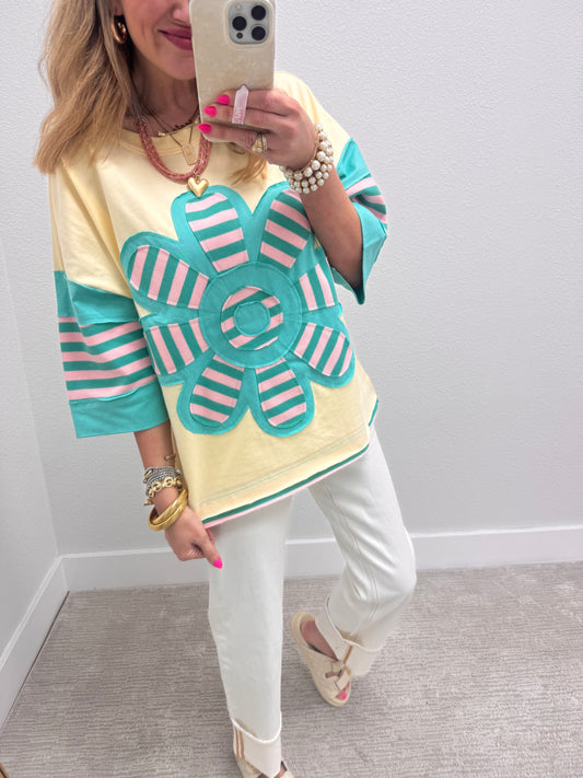 Ivory & Jade Stripe Flower Patchwork Top