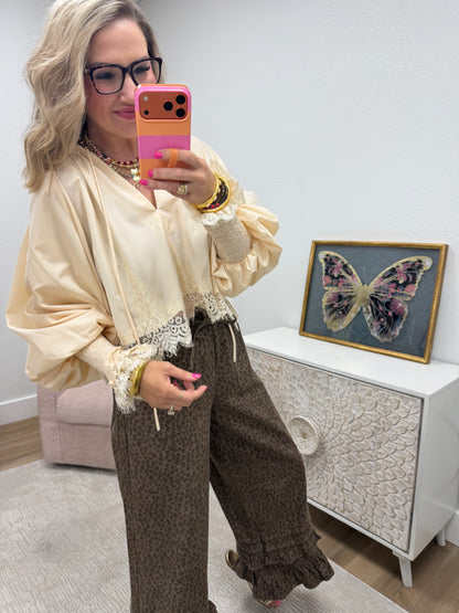 Cream Lace Puff Sleeve Blouse