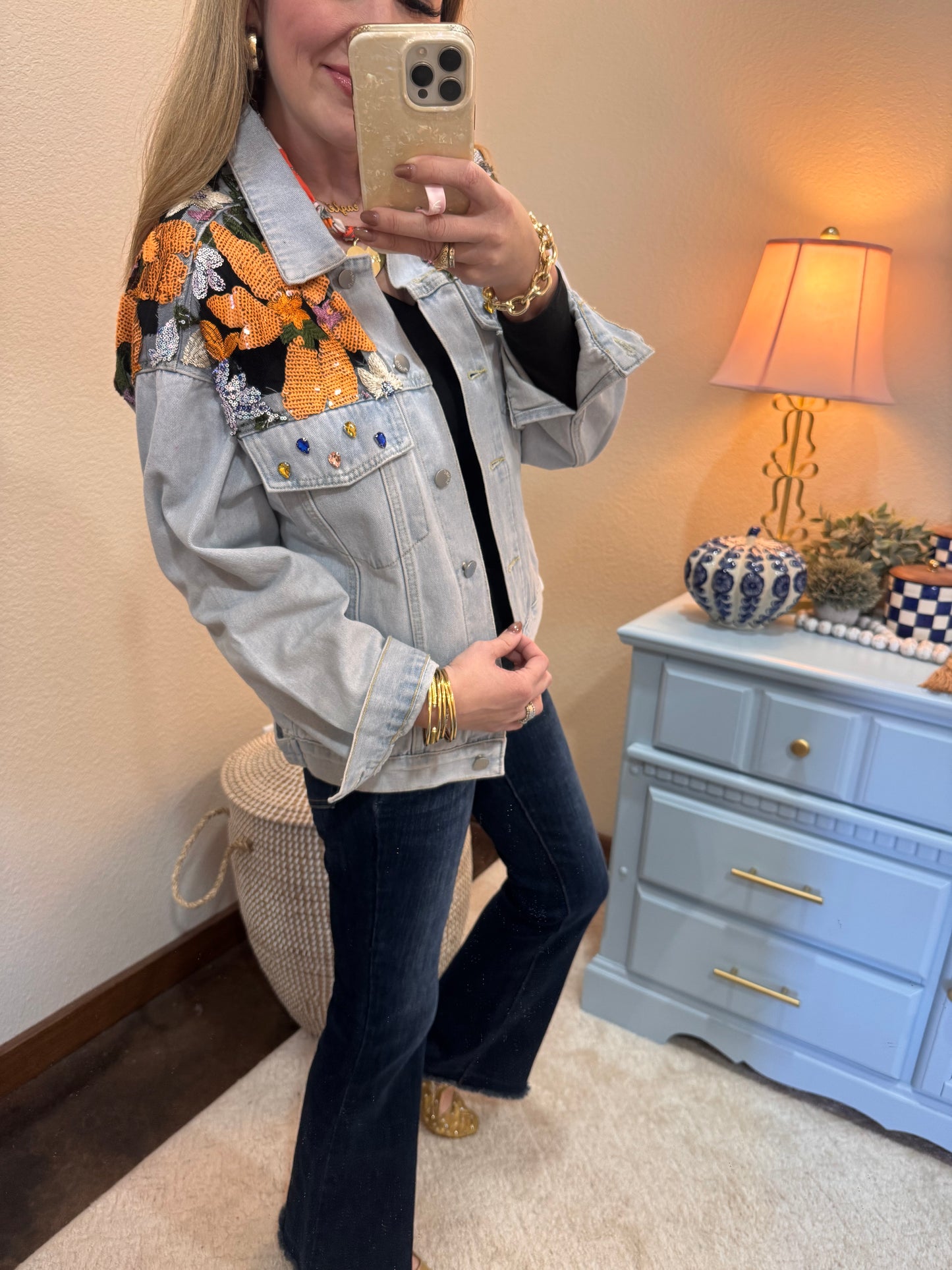 Light Wash Denim Jacket With Sequin Floral Detail