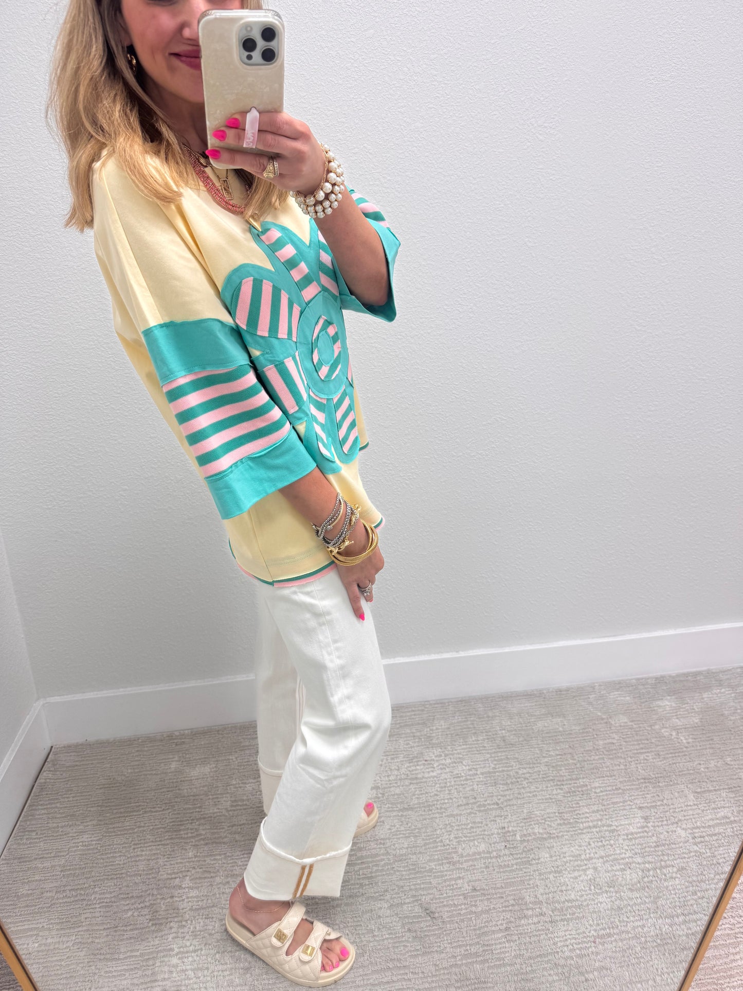 Ivory & Jade Stripe Flower Patchwork Top