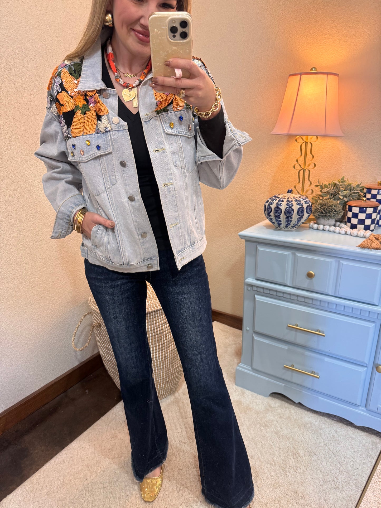 Light Wash Denim Jacket With Sequin Floral Detail